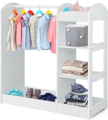 Produktbild von Kinderkleiderschrank mit Spiegel und Kleiderstange, Kinder Kleiderschrank Kinderregal mit 4 offener Ablagen, Kinder Kleiderständer für Kinderzimmer, 93,5x38x100cm (Weiß)