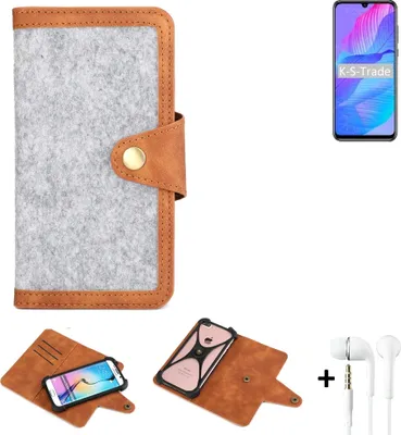 Produktbild von K-S-Trade Handyhülle + Kopfhörer kompatibel mit Huawei P Smart S Schutzhülle Filz Hülle Kunstleder hellgrau braun (1x)