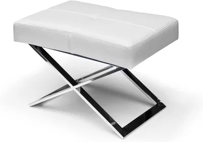 Produktbild von Bauhaus-Fußhocker und Beistellhocker mit X-Fuß aus poliertem Edelstahl, Sitzhocker in weißem (Echt-)Leder