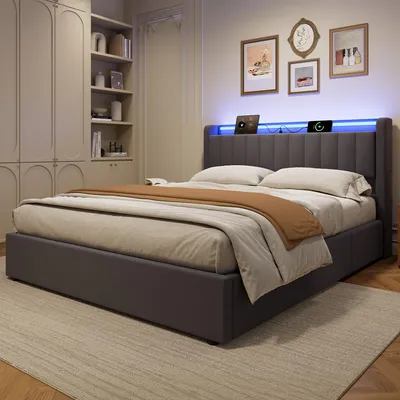 Image de okwish Lit rembourré 180×200 avec éclairage LED et tête de lit avec rangement, lit adolescent avec prises électriques,lit boxspring gris,sans matelas