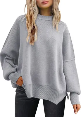 Produktbild von ASKSA Damen Pullover Langarm Rundhals Strickpullover Oversized Seitlichem Schlitz Rippstrick Sweater, Grau, M