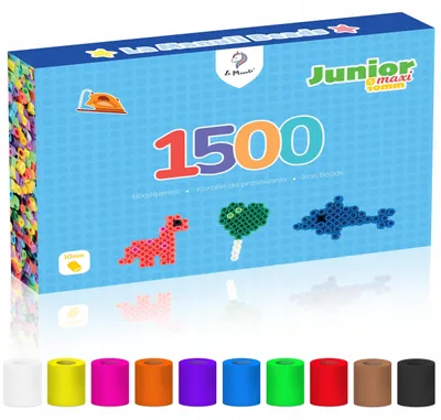 Obrázok produktu pre La Manuli, zažehľovacie korálky Maxi Junior, 10 mm, 1500 ks, farebné – veľké korálky na zažehľovanie v 10 farbách, vhodné od 3 rokov, darčeková krabička