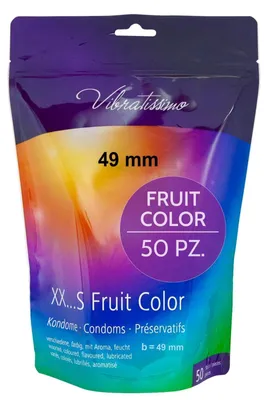 Image de Préservatifs VIBRATISSIMO Fruit Color, paquet de 50 I Sensation authentique et extra lubrifiés I pour hommes I Sachet refermable I Colorés et ultra-fins I B = 49 mm
