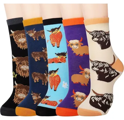 Immagine prodotto di Calzini da donna, 5 paia, in cotone, con motivi animalier colorati, taglia 35-42, motivo "Highland Cow"