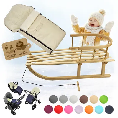 Produktbild von BAMBINIWELT HOLZSCHLITTEN mit Rückenlehne (90cm) + WINTERFUßSACK (90cm) Kinderwagen WOLLE beige