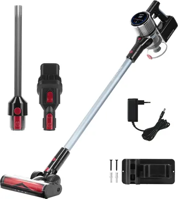 A cordless stick vacuum cleaner and its accessories are displayed against a white background.