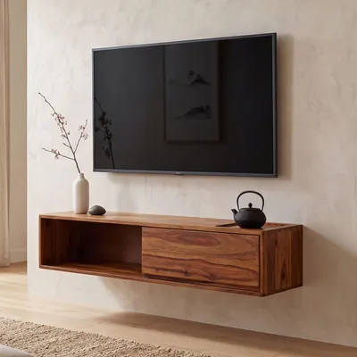 Immagine prodotto di FineBuy Mobile basso sospeso in legno massello di sheesham 108x25x34 cm Mobile TV marrone Mobile TV con spazio contenitivo Mobile TV da parete Mobile TV moderno