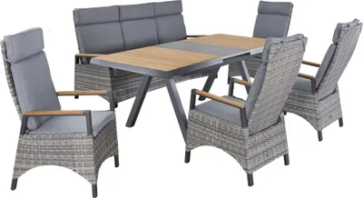 Produktbild von LC Garden »Kumasi« Gartenset VI 6tlg. Esstisch 160/210x100cm Aluminium/Teakholz/Keramik + 4 Positionsstühle + 3-Sitzer Sofa mit Teak-Armlehne