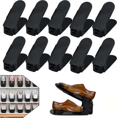 Image de Ensemble de 30 étagères et supports à chaussures réglables, système de rangement à chaussures avec 3 niveaux de réglage en hauteur, gain de place et antidérapant, en plastique (noir)