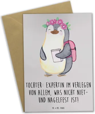 Produktbild von Mr. & Mrs. Panda Grußkarte Tochter Expertin - Grau Pastell - Geschenk, osterkarten, Humor, weihnachtskarten, Chaos, osterkarte, Liebenswert, Einfallsreichtum, Familie