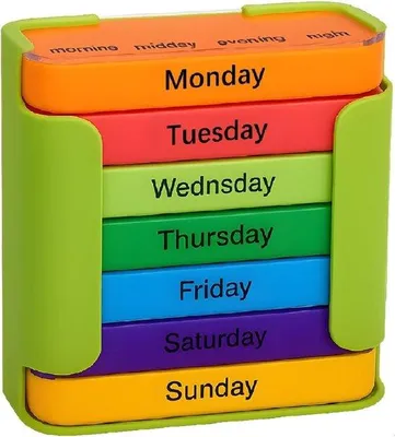 Produktbild von Medikamenten-Organizer für 1 Woche, 7-Tage-Medikamentenbox aus food-safe Material, mit 28 Fächern (grün/multifarben)