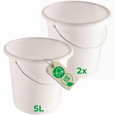 Produktbild von Novaliv 2 Stück Eimer 5L Weiß mit Maßeinteilung - Putzeimer 5 Liter ⌀ 22,5 cm Praktischer Allrounder mit Skala für Haushalt & Garten ideal als Haushaltseimer, Wassereimer, Wischeimer, Bucket