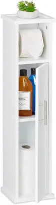 Productafbeelding van Staande wc rolhouder - 2 vakken - Toiletkast 77x18,5x17,5 cm - Magnetische deur - Handgreep rvs - Wit - Zilver
