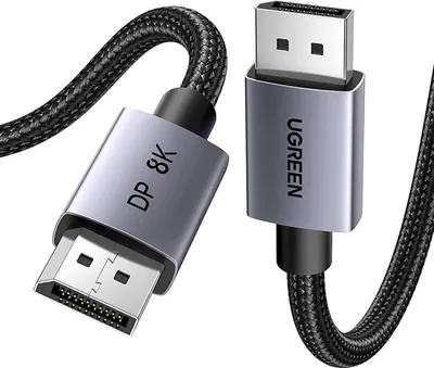 A close-up shot of two DisplayPort cables against a white background.