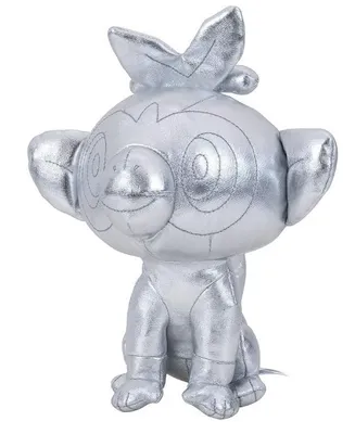 A silver plush toy of a Pokemon character is shown against a white background.