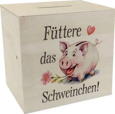 Produktbild von Fröhliches Schwein Spardose aus Holz Füttere das Schweinchen