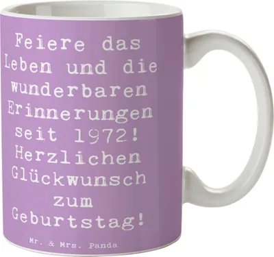 Produktbild von Mr. & Mrs. Panda Tasse Spruch 1972 Geburtstag - Lavendeltraum - Geschenk, feiern, unvergessliche Geschichten, Alter, liebevoll handgefertigte Produkte, Kaffeetasse