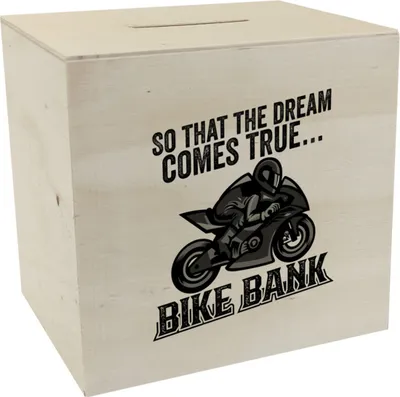 Produktbild von Bike Bank Spardose aus Holz mit Spruch und Motorrad in schwarz