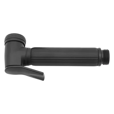A black bidet sprayer on a white background.