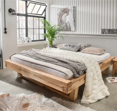 Produktbild von Massivholz Doppelbett, 180x200 cm, Eiche massiv, ohne Kopfteil, Massivholzkufen, UPPSALA-137, B/H/T ca. 198/42/228 cm
