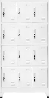 A white metal locker with 12 compartments.