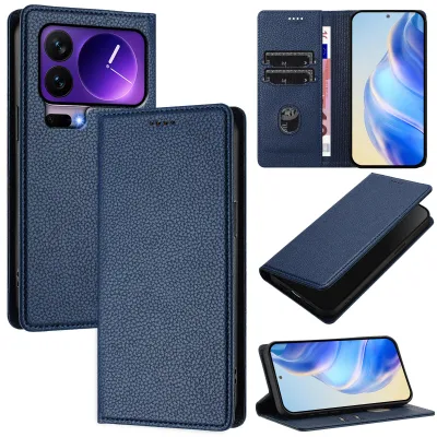 Obrázek produktu pro Kožené pouzdro pro Xiaomi 17 Pro, Litschi kůže, peněženkové pouzdro s přihrádkami na karty a stojánkem Modrý