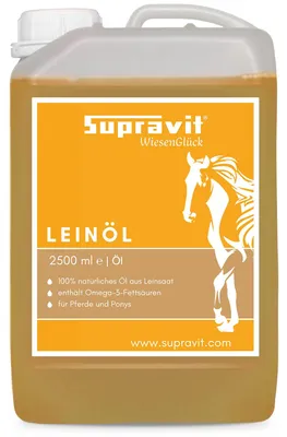 Produktbild von Supravit Leinöl 2,5 Liter Pferde & Hunde | Frisches Leinsamenöl kaltgepresst | Für glänzendes Fell | Reich an Omega 3 Fettsäuren