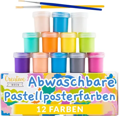 Zdjęcie produktu dla Creative Deco Zestaw Farb Plakatowych | Pastelowe Odcienie | 20 ml x 12 Kolorów | Nietoksyczne | Podstawowe Kolory | Idealne dla Dzieci, Artystów
