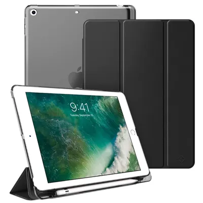 Produktbild von Fintie Hülle mit Pencil Halter für iPad 9.7" 2018/2017 - Ultradünn Superleicht Schutzhülle mit transparenter Rückseite Abdeckung Cover mit Auto Schlaf/Wach für iPad 6. / 5. Generation, Schwarz