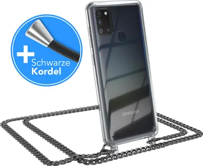 Produktbild von EAZY CASE Metall Handykette für Samsung Galaxy A21s, Handyhülle mit Umhängeband, Silikonhülle, Metallkette für Smartphone in Grau