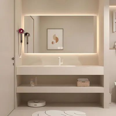 Produktbild von Waschbecken mit LED-Spiegel Waschbecken aus Sinterstein mit Ablageplatte Beige 130*55cm 【CB303-130】