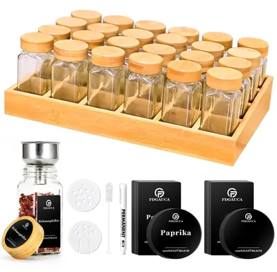 Immagine prodotto di Portaspezie in bambù - Portaspezie a 24 scomparti - 24 barattoli per spezie quadrati da 120 ml - Vetro borosilicato - Senza BPA - Con coperchio - Rettangolare - Multicolore