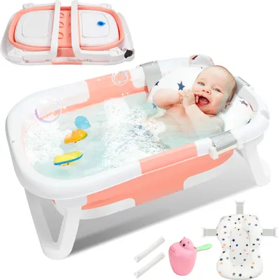 A baby is taking a bath in a pink and white foldable baby bathtub, with bath toys floating in the water. The bathtub is shown in both its open and folded states.