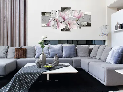 Produktbild von Akustikbild Abstrakt Magnolien 200x100 cm 5-teilige Bilder Akustikschaum Hochleistungsschallabsorber Schallschutz Leinwand 5 tlg Wandbild Raumakustik Schalldämmung b-C-0012-b-n