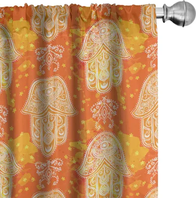 Produktbild von ABAKUHAUS orientalisch Vorhänge, Gardinen, Henna Hand Motiv spirituelle mystische Symbol alten arabischen Hippie Oriental, 2 Stück 75 x 225 cm, Orange Gelb und Weiß
