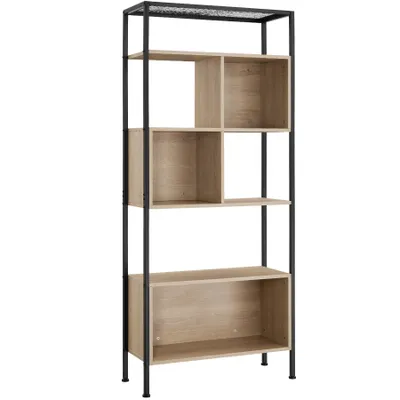 A tall, narrow bookshelf with a black metal frame and light wood shelves, shown against a white background.