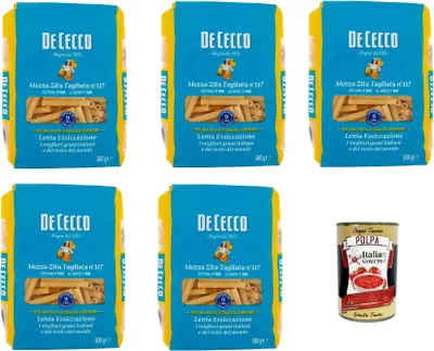 Produktbild von De Cecco Mezza Zita Tagliata N°117 100% Italienisch Pasta Nudeln 5x 500g + Italian Gourmet Polpa 400g