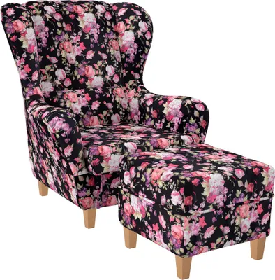 Produktbild von Supellex Sofia Ohrensessel mit Hocker | Patchwork, Samt-Velours, Rosen
