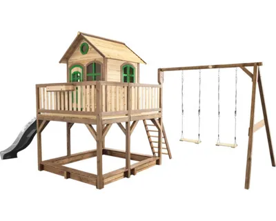 Image de Axi Liam Maison Enfant Avec Bac À Sable, 2 Balançoires & Toboggan Gris | Aire De Jeux Pour L'Extérieur En Marron & Vert | Maisonnette / Cabane De Jeu
