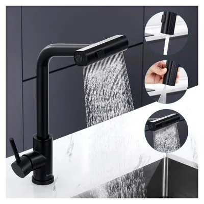 Produktbild von Küchenarmatur Schwarz mit Ausziehbarer Brause, Wasserfall Mischbatterie mit 3 Strahlarten, 360° Schwenkbare Spültischarmatur Einhebelmischer Edelstahl