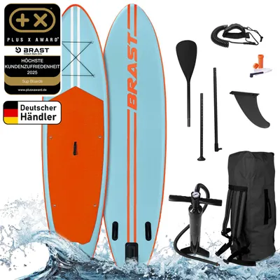 Produktbild von BRAST SUP Board Primo | Aufblasbares Stand up Paddle Set | 320x81x15cm | 4 Designs | inkl. Zubehör | Alu Paddel Fußschlaufe Hub-Pumpe Reparatur-Kit | Hellblau Orange