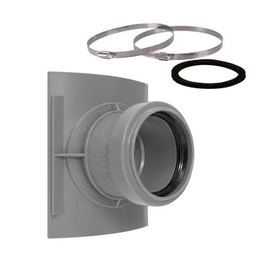 A gray plastic pipe fitting with two metal hose clamps and a black rubber gasket on a white background.