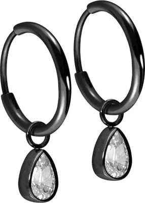 Produktbild von Titan Ohrclicker Creolen KRISTALLTROPFEN Schwarz Innendurchmesser: 12mm | Designstärke: 1,6mm | Kristallgröße: 5 x 7mm