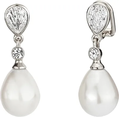 Produktbild von Traveller Ohrclips - Hänger - Tropfen Perle - 15x12 mm - Weiß - Preciosa Kristalle - Platiniert - 32x12 mm - 110680