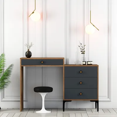 Produktbild von Skye Decor, Hochwertiger Schminktisch, Walnuss und Anthrazit, 124 x 84,7 x 40 cm | 100% melaminbeschichtete Spanplatte, 18 mm dick | Modernes Design mit Metallbeinen und Kunststoffgriffen.