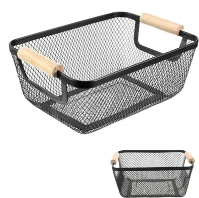 Immagine prodotto di Omgoods - Cesto in filo metallico con maniglie in legno - Contenitore per cucina e bagno (nero)