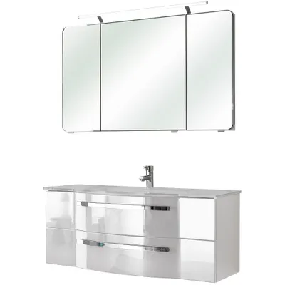 Produktbild von Waschplatz mit Glasbecken FES-4005-66 Hochglanz lackiert in Polarweiß, Spiegelschrank mit LED - B/H/T: 120/200/49,1cm