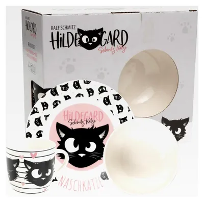 Produktbild von Ralf Schmitz 3-teiliges Geschirrset, Weiß, Hildegard Katze Frühstücksset aus Porzellan mit Teller Ø 19 cm, Tasse 220 ml und Schale 330 ml