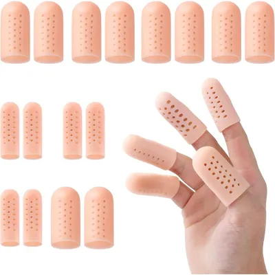 Produktbild von Gel Fingerlinge 16 Stück atmungsaktiv Silikon Fingerkuppenschutz für Blasen Fingerknacken Fingerarthritis Beige