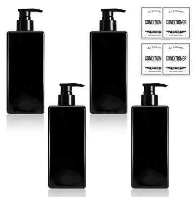 Produktbild von Set mit 4 schwarzen Seifenspendern, nachfüllbaren Pumpflaschen, 500 ml/16,9 oz Shampoo-Spendern für die Dusche, leeren Shampoo-Flaschen mit Etiketten, Seifenspendern aus Kunststoff für Küche und Bad
